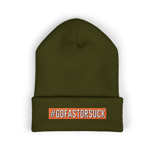 Green beanie with '#GOFASTORSUCK' text on a white background