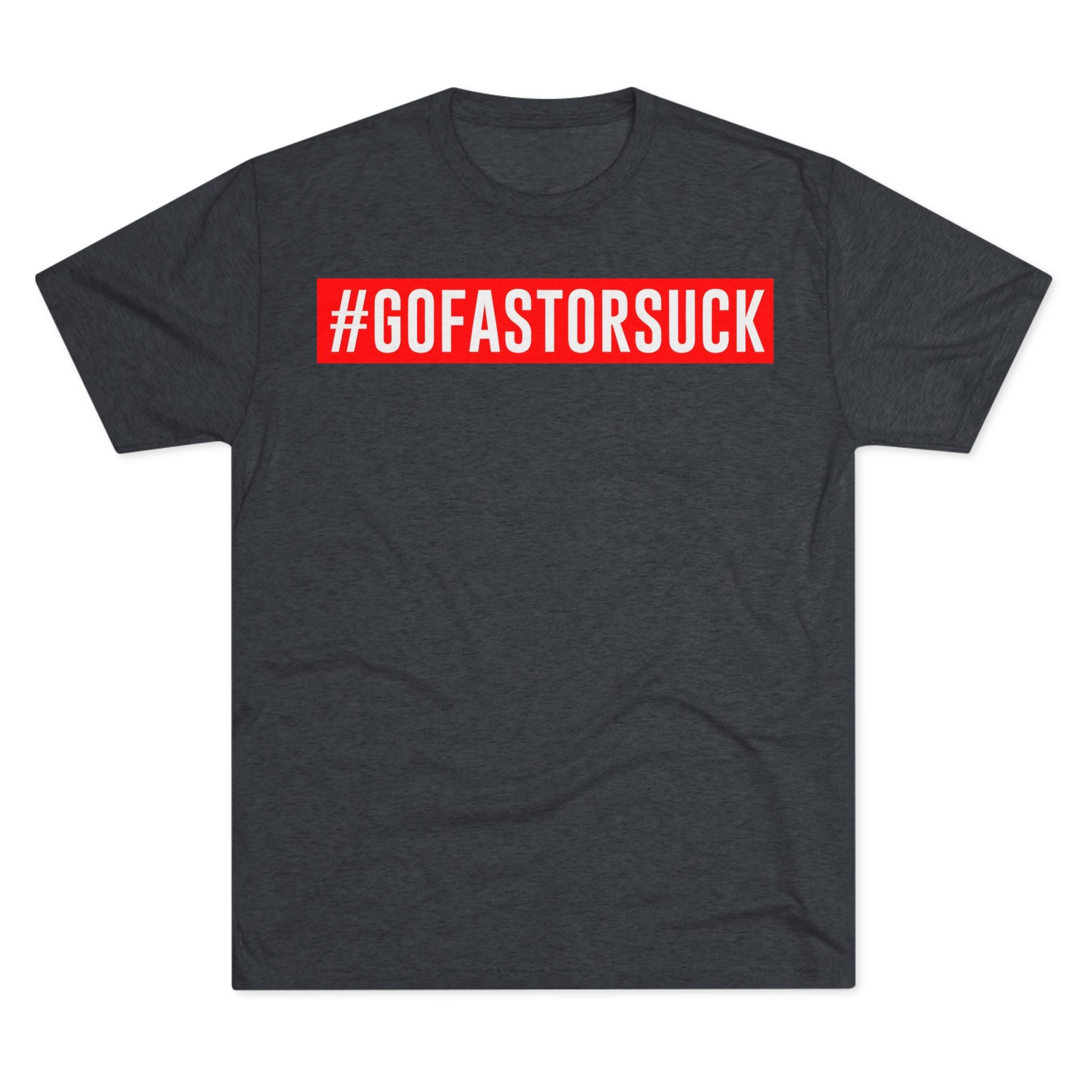 Dark gray t-shirt with a red and white hashtag text design on a white background